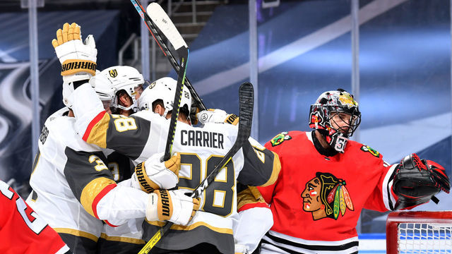 EDMONTON, ALBERTA - AUGUST 15: Patrick Brown #38 of the Vegas Golden Knights celebrates his goal with teammates in front of goaltender Corey Crawford #50 of the Chicago Blackhawks during the second period of Game Three of the Western Conference First Round of the 2020 NHL Stanley Cup Playoff at Rogers Place on August 15, 2020 in Edmonton, Alberta.