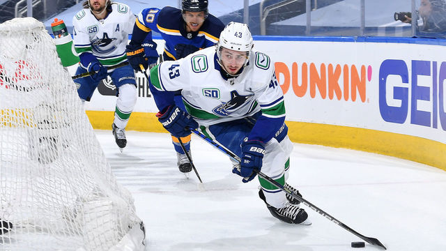 EDMONTON, ALBERTA - AUGUST 14: Quinn Hughes #43 of the Vancouver Canucks skates in the first period of Game Two of the Western Conference First Round of the 2020 NHL Stanley Cup Playoff between the Vancouver Canucks and the St. Louis Blues at Rogers Place on August 14, 2020 in Edmonton, Alberta.