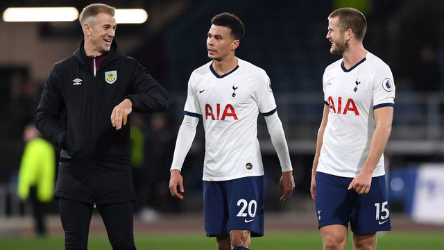 BURNLEY, ENGLAND - MARCH 07: Joe Hart of Burnley talks with Dele Alli and Eric Dier of Tottenham Hotspur after the Premier League match between Burnley FC and Tottenham Hotspur at Turf Moor on March 07, 2020 in Burnley, United Kingdom.