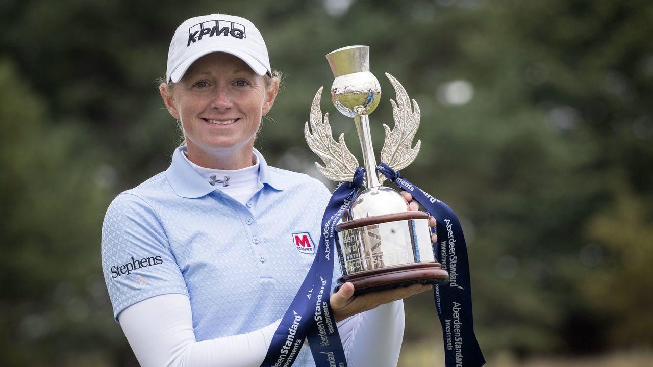 USA's Stacy Lewis celebrates with the trophy during day four of the Aberdeen Standard Investments Ladies Scottish Open at The Renaissance Club, North Berwick.