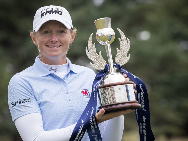 USA's Stacy Lewis celebrates with the trophy during day four of the Aberdeen Standard Investments Ladies Scottish Open at The Renaissance Club, North Berwick.