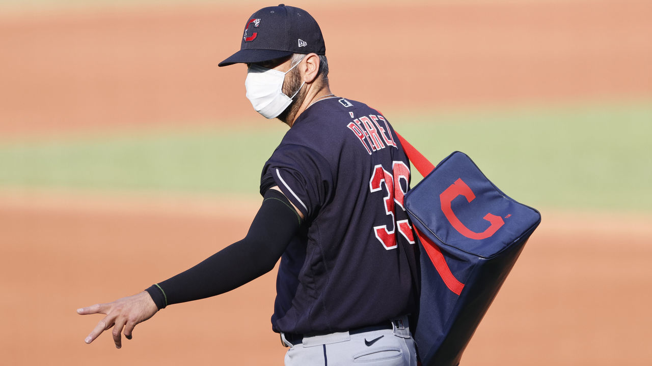 CLEVELAND, OH - JULY 16: Relief pitcher Oliver Perez #39 of the Cleveland Indians heads to the bullpen during warm ups before an intrasquad game during summer workouts at Progressive Field on July 16, 2020 in Cleveland, Ohio.