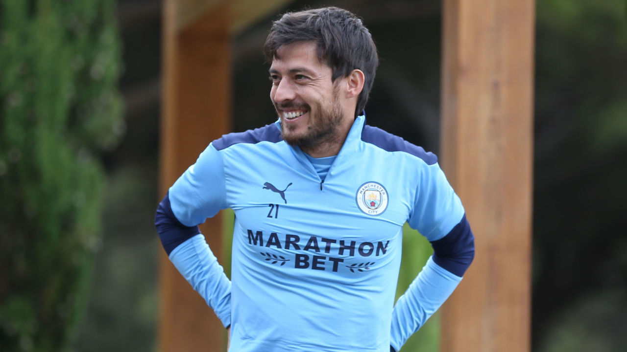 LISBON, PORTUGAL - AUGUST 11: David Silva of Manchester City takes part in a stretching session in the build up to the UEFA Champions League Quarter Final match at the team hotel on August 11, 2020 in Lisbon, Portugal.