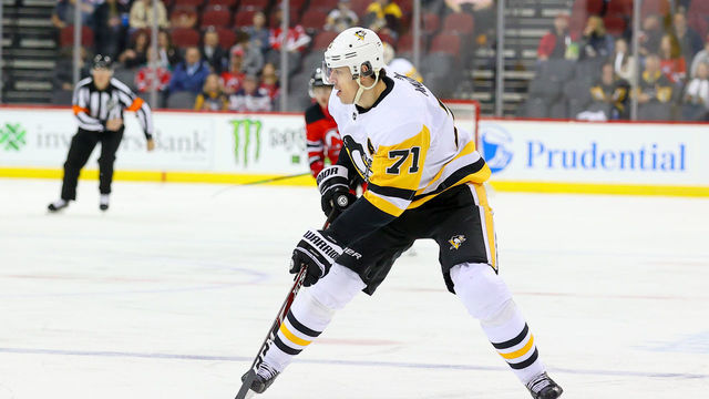 NEWARK, NJ - MARCH 10: Pittsburgh Penguins center Evgeni Malkin (71) skates during the National Hockey League game between the New Jersey Devils and the Pittsburgh Penguins on March 10, 2020 at the Prudential Center in Newark, NJ.