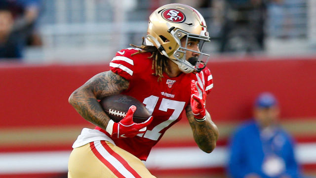 SANTA CLARA, CA - AUGUST 10: Jalen Hurd #17 of the San Francisco 49ers runs after making a reception during the game against the Dallas Cowboys at Levi's Stadium on August 10, 2019 in Santa Clara, California. The 49ers defeated the Cowboys 17-9.