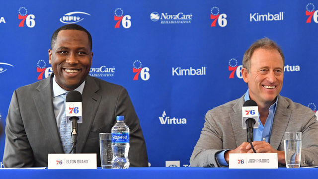 PHILADELPHIA. PA - SEPTEMBER 20: Josh Harris, owner of the Philadelphia 76ers, introduces Elton Brand as the new General Manager during a press conference at the Wells Fargo Center in Philadelphia, Pennsylvania on September 20, 2018. NOTE TO USER: User expressly acknowledges and agrees that, by downloading and/or using this photograph, user is consenting to the terms and conditions of the Getty Images License Agreement. Mandatory Copyright Notice: Copyright 2018 NBAE