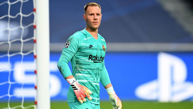 LISBON, PORTUGAL - AUGUST 14: Marc-Andre ter Stegen of FC Barcelona looks on during the UEFA Champions League Quarter Final match between Barcelona and Bayern Munich at Estadio do Sport Lisboa e Benfica on August 14, 2020 in Lisbon, Portugal.