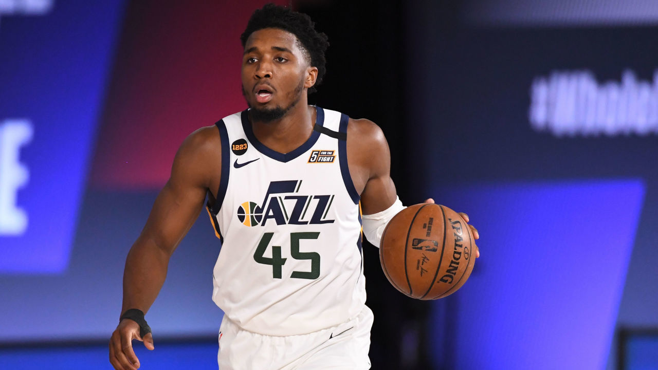 Orlando, FL - AUGUST 17: Donovan Mitchell #45 of the Utah Jazz handles the ball against the Denver Nuggets during Round One, Game One of the NBA Playoffs on August 17, 2020 in Orlando, Florida at The Field House. NOTE TO USER: User expressly acknowledges and agrees that, by downloading and/or using this Photograph, user is consenting to the terms and conditions of the Getty Images License Agreement. Mandatory Copyright Notice: Copyright 2020 NBAE