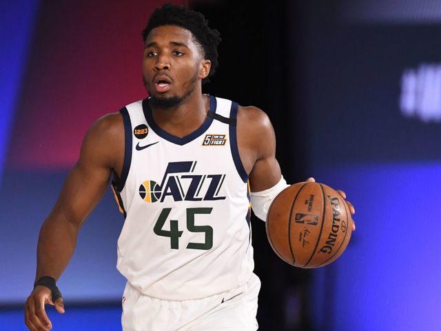Orlando, FL - AUGUST 17: Donovan Mitchell #45 of the Utah Jazz handles the ball against the Denver Nuggets during Round One, Game One of the NBA Playoffs on August 17, 2020 in Orlando, Florida at The Field House. NOTE TO USER: User expressly acknowledges and agrees that, by downloading and/or using this Photograph, user is consenting to the terms and conditions of the Getty Images License Agreement. Mandatory Copyright Notice: Copyright 2020 NBAE