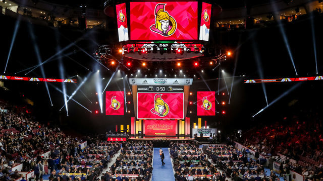 VANCOUVER, BC - JUNE 21: A general view of the draft floor prior to the Ottawa Senators pick during the first round of the 2019 NHL Draft at Rogers Arena on June 21, 2019 in Vancouver, British Columbia, Canada.