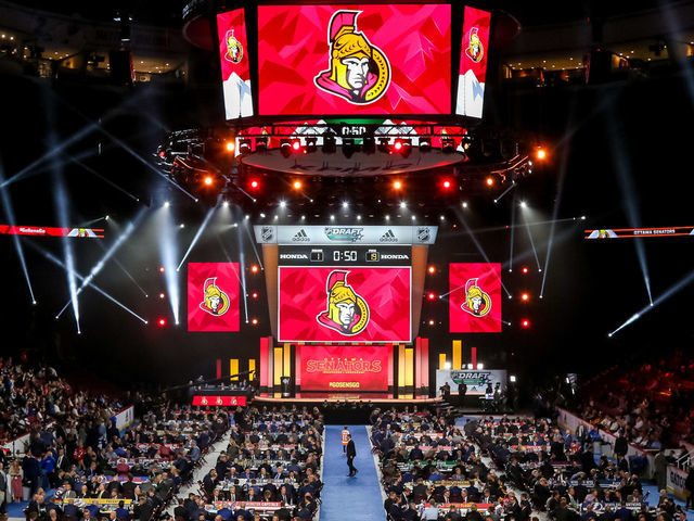 VANCOUVER, BC - JUNE 21: A general view of the draft floor prior to the Ottawa Senators pick during the first round of the 2019 NHL Draft at Rogers Arena on June 21, 2019 in Vancouver, British Columbia, Canada.