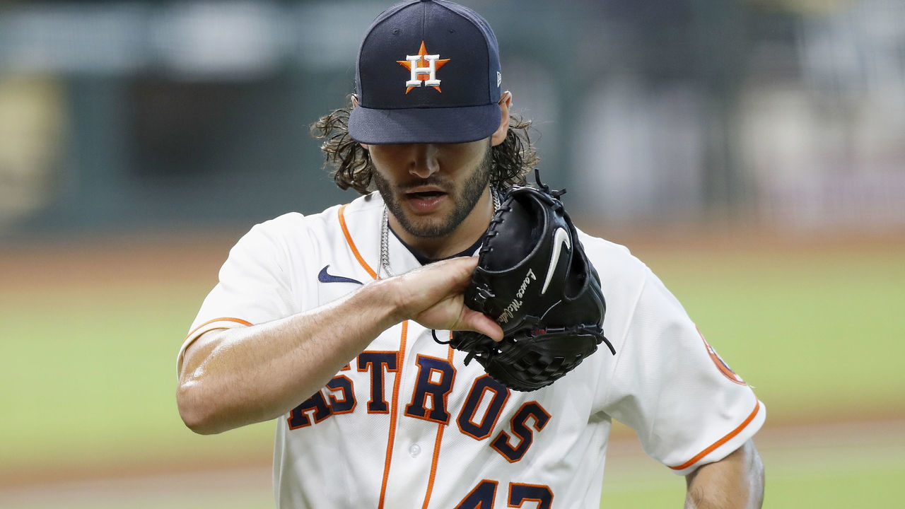HOUSTON, TEXAS - AUGUST 16: Lance McCullers Jr. #43 of the Houston Astros reacts after the third inning against the Seattle Mariners at Minute Maid Park on August 16, 2020 in Houston, Texas.