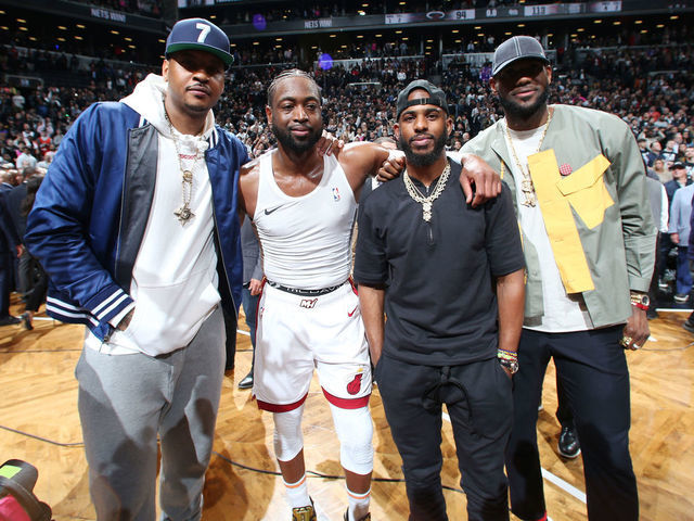 BROOKLYN, NY - APRIL 10: Carmelo Anthony, Dwyane Wade #3 of the Miami Heat, Chris Paul #3 of the Houston Rockets and LeBron James #23 of the Los Angeles Lakers pose for a photo after Wades last game against the Brooklyn Nets on April 10, 2019 at Barclays Center in Brooklyn, New York. Mandatory Copyright Notice: Copyright 2019 NBAE