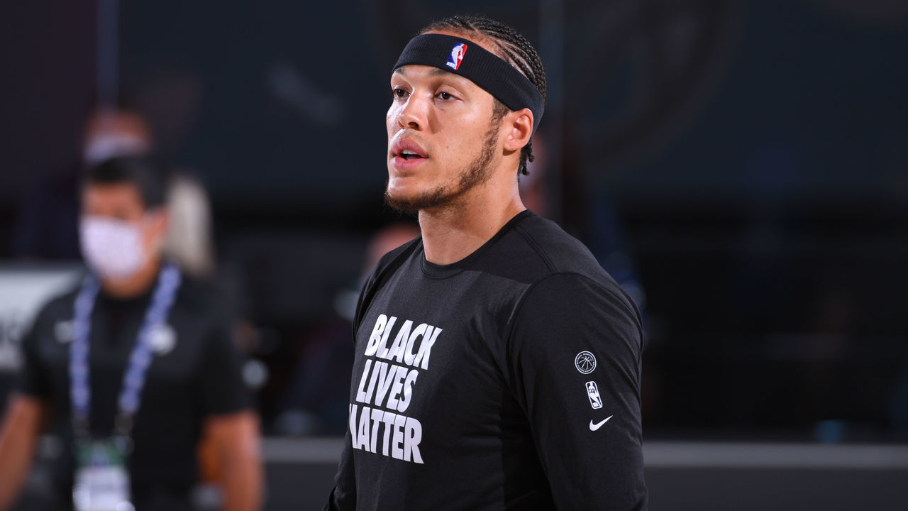 Orlando, FL - AUGUST 5: Aaron Gordon #00 of the Orlando Magic looks on during the game against the Toronto Raptors on August 5, 2020 at Visa Athletic Center at ESPN Wide World of Sports in Orlando, Florida. NOTE TO USER: User expressly acknowledges and agrees that, by downloading and/or using this Photograph, user is consenting to the terms and conditions of the Getty Images License Agreement. Mandatory Copyright Notice: Copyright 2020 NBAE