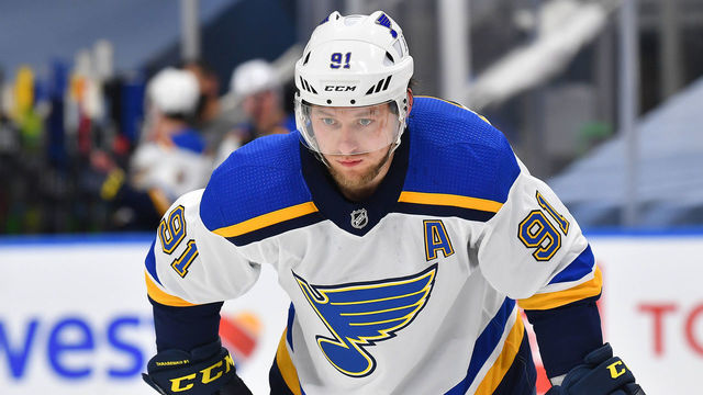 EDMONTON, ALBERTA - JULY 29: Vladimir Tarasenko #91 of the St. Louis Blues looks on during the second period of an exhibition game against the Chicago Blackhawks prior to the 2020 NHL Stanley Cup Playoffs at Rogers Place on July 29, 2020 in Edmonton, Alberta.