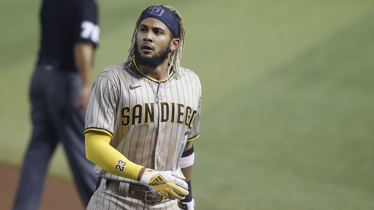 PHOENIX, ARIZONA - AUGUST 14: Fernando Tatis Jr. #23 of the San Diego Padres looks back after flying out to center field against the Arizona Diamondbacks during the fifth inning of the MLB game at Chase Field on August 14, 2020 in Phoenix, Arizona.