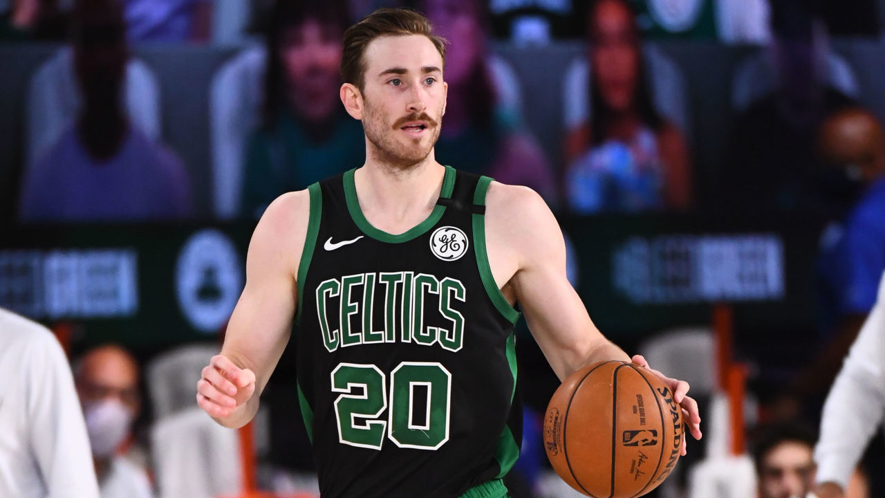 Orlando, FL - AUGUST 17: Gordon Hayward #20 of the Boston Celtics handles the ball against the Philadelphia 76ers during Round One, Game One of the NBA Playoffs on August 17, 2020 at The Field House in Orlando, Florida. NOTE TO USER: User expressly acknowledges and agrees that, by downloading and/or using this Photograph, user is consenting to the terms and conditions of the Getty Images License Agreement. Mandatory Copyright Notice: Copyright 2020 NBAE