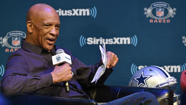 CANTON, OHIO - AUGUST 02: Drew Pearson speaks at pro football Hall of Fame inductee Gil Pearson SiriusXM town hall at Umstattd Hall at the Zimmerman Symphony Center on August 02, 2019 in Canton, Ohio.