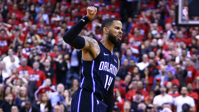 TORONTO, ON - APRIL 13: D.J. Augustin #14 of the Orlando Magic reacts after shooting the game winning shot during Game One of the first round of the NBA playoffs against the Toronto Raptors at Scotiabank Arena on April 13, 2019 in Toronto, Canada.