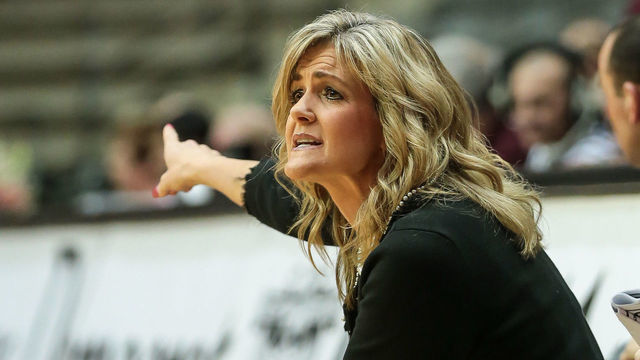 February 25, 2016: Texas Arlington Mavericks head coach Krista Gerlich directs her team during an NCAA basketball game between the University of Texas at Arlington Mavericks and the Little Rock Trojans at Jack Stephens Center in Little Rock, AR.