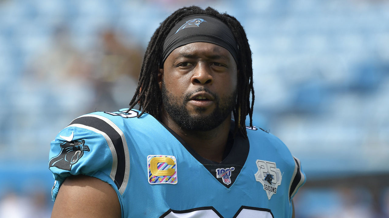 CHARLOTTE, NORTH CAROLINA - OCTOBER 06: Gerald McCoy #93 of the Carolina Panthers against the Jacksonville Jaguars during their game at Bank of America Stadium on October 06, 2019 in Charlotte, North Carolina. The Panthers won 34-27.