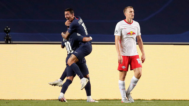 Paris Saint-Germain's Argentine midfielder Angel Di Maria (R) celebrates with Paris Saint-Germain's Brazilian forward Neymar after scoring his team's second goalduring the UEFA Champions League semi-final football match between Leipzig and Paris Saint-Germain at the Luz stadium in Lisbon on August 18, 2020.