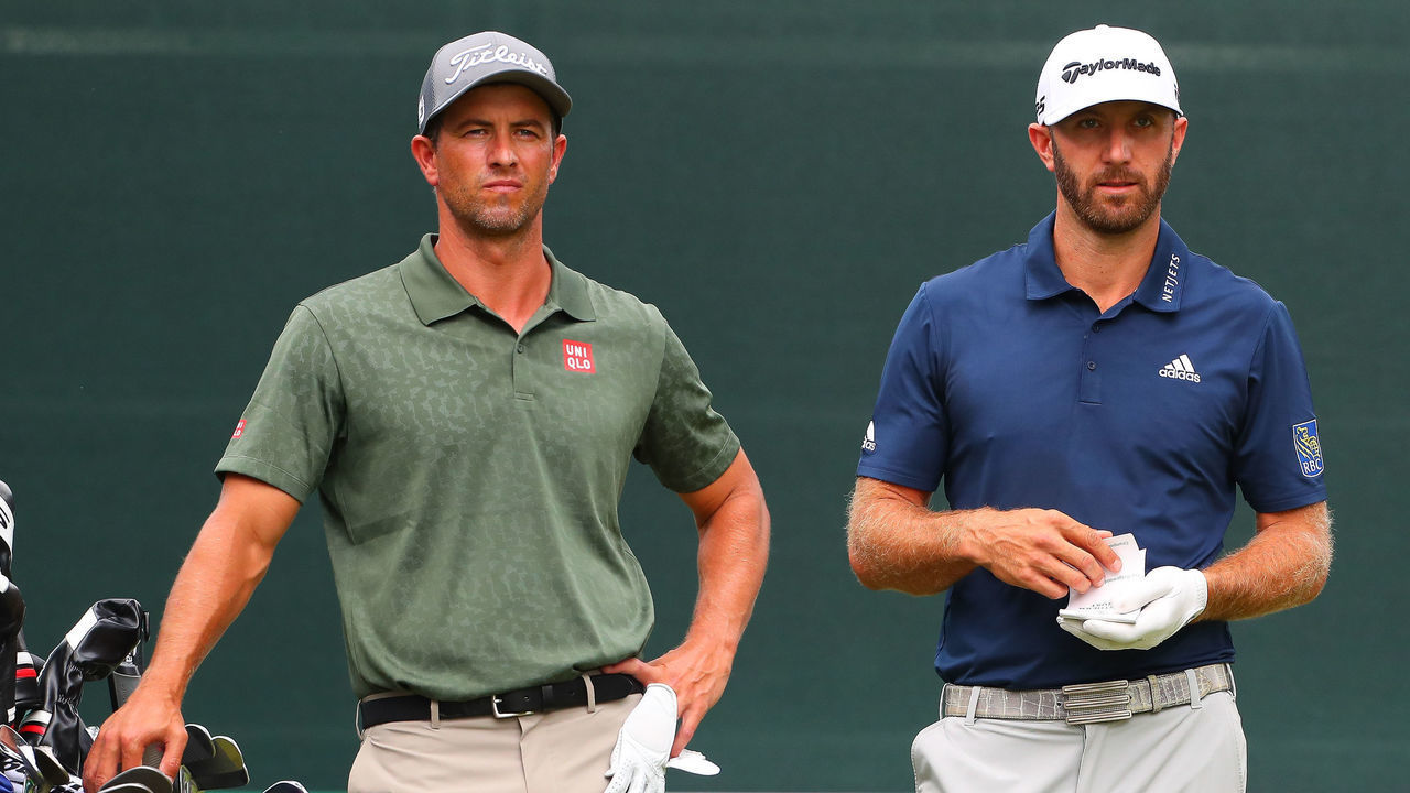 PARAMUS, NJ - AUGUST 25: Adam Scott of Australia and Dustin Johnson of the United States on the first tee during the third round of The Northern Trust on August 25, 2018 at the Ridgewood Championship Course in Ridgewood, New Jersey.