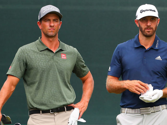 PARAMUS, NJ - AUGUST 25: Adam Scott of Australia and Dustin Johnson of the United States on the first tee during the third round of The Northern Trust on August 25, 2018 at the Ridgewood Championship Course in Ridgewood, New Jersey.