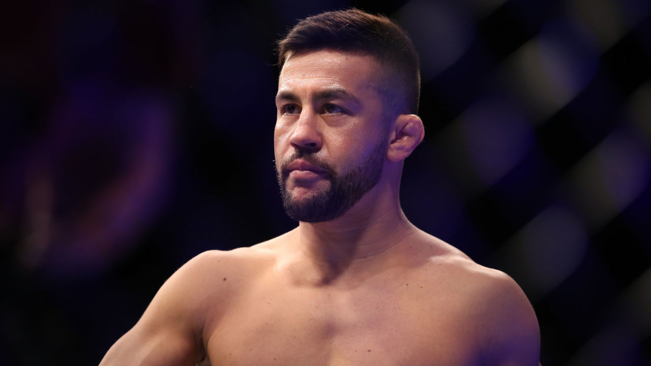 LAS VEGAS, NV - MARCH 02: Pedro Munhoz of Brazil eyes his oppnent in the octagon in his bantamweight bout during the UFC 235 event at T-Mobile Arena on March 2, 2019 in Las Vegas, Nevada.