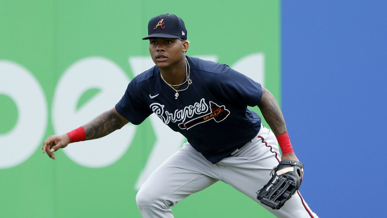 DUNEDIN, FL - FEBRUARY 24: Cristian Pache #68 of the Atlanta Braves plays defense in right field during a Grapefruit League spring training game against the Toronto Blue Jays at TD Ballpark on February 24, 2020 in Dunedin, Florida. The Blue Jays defeated the Braves 4-3.