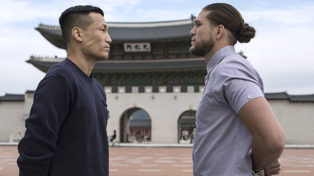 SEOUL, SOUTH KOREA - OCTOBER 17: Brian Ortega(right) and Chan Sung Jung also known as Korean Zombie face off in front of Gwanghwamun in Seoul, South Korea on October 17, 2019 ahead of the mixed martial arts event produced by the Ultimate Fighting Championship that is planned to take place in December in Busan, Korea.