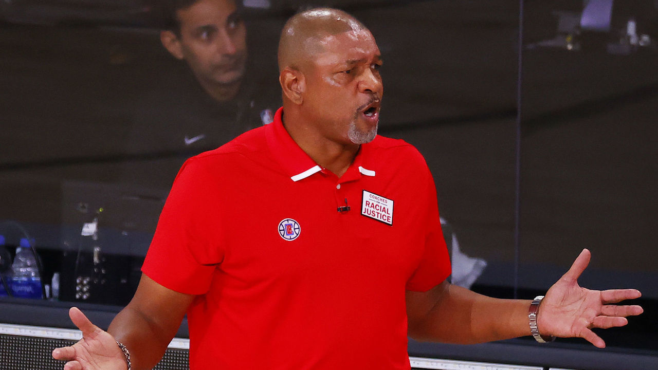 LAKE BUENA VISTA, FLORIDA - AUGUST 17: Doc Rivers of the LA Clippers reacts against the Dallas Mavericks during the second quarter in Game One of the Western Conference First Round during the 2020 NBA Playoffs at AdventHealth Arena at ESPN Wide World Of Sports Complex on August 17, 2020 in Lake Buena Vista, Florida.