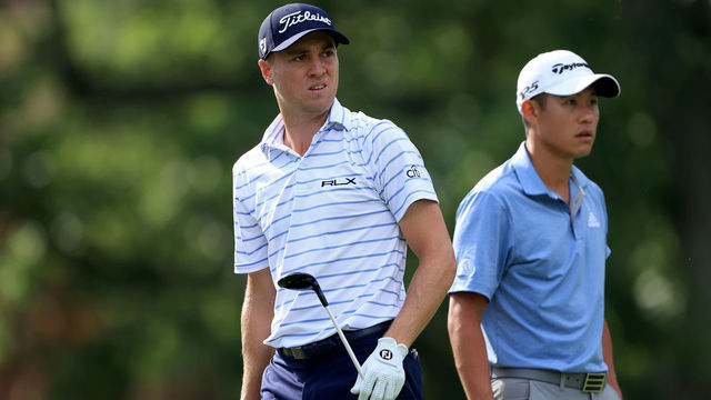 DUBLIN, OHIO - JULY 11: Justin Thomas of the United States and Collin Morikawa of the United States look on from the 18th tee during the third round of the Workday Charity Open on July 11, 2020 at Muirfield Village Golf Club in Dublin, Ohio.