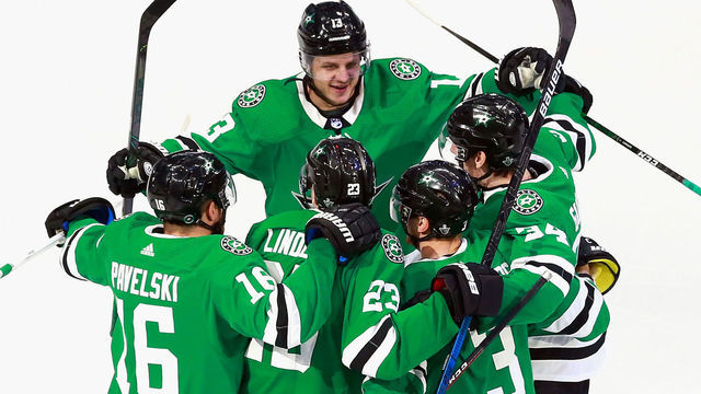 EDMONTON, ALBERTA - AUGUST 18: The Dallas Stars celebrate a goal by John Klingberg #3 (R) against the Calgary Flames at 1:12 of the second period in Game Five of the Western Conference First Round during the 2020 NHL Stanley Cup Playoffs at Rogers Place on August 18, 2020 in Edmonton, Alberta, Canada.