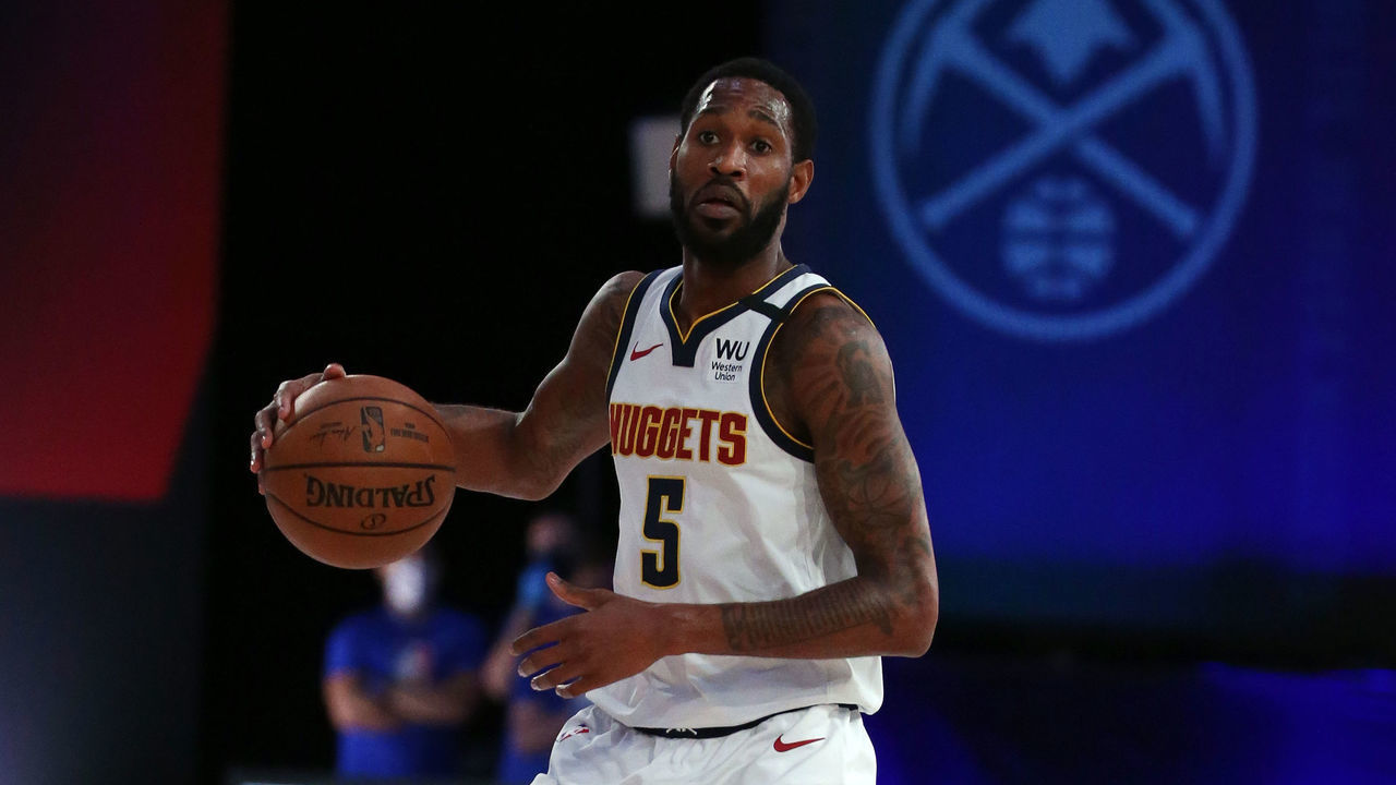 Orlando, FL - JULY 27: Will Barton #5 of the Denver Nuggets handles the ball during the game against the Orlando Magic during a scrimmage on July 27, 2020 at The Arena at ESPN Wide World of Sports in Orlando, Florida. NOTE TO USER: User expressly acknowledges and agrees that, by downloading and/or using this Photograph, user is consenting to the terms and conditions of the Getty Images License Agreement. Mandatory Copyright Notice: Copyright 2020 NBAE