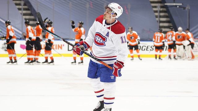 TORONTO, ONTARIO - AUGUST 12: Brendan Gallagher #11 of the Montreal Canadiens looks on after Game One of the Eastern Conference First Round of the 2020 NHL Stanley Cup Playoff against the Philadelphia Flyers at Scotiabank Arena on August 12, 2020 in Toronto, Ontario.
