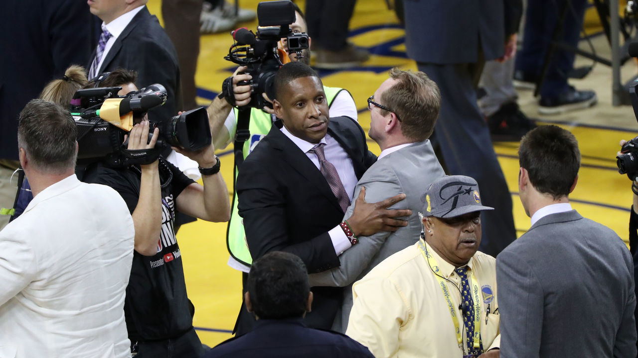OAKLAND, CA - JUNE 13: Toronto Raptors President Masai Ujiri hugs Head Coach Nick Nurse of the Toronto Raptors after the Toronto Raptors win the game and become the 2019 NBA Champions in Game Six of the NBA Finals on June 13, 2019 at ORACLE Arena in Oakland, California. NOTE TO USER: User expressly acknowledges and agrees that, by downloading and/or using this photograph, user is consenting to the terms and conditions of Getty Images License Agreement. Mandatory Copyright Notice: Copyright 2019 NBAE