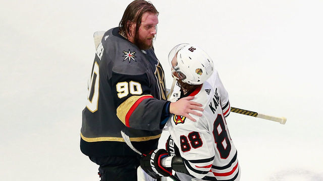 EDMONTON, ALBERTA - AUGUST 18: Robin Lehner #90 of the Vegas Golden Knights and Patrick Kane #88 of the Chicago Blackhawks shake hands after the Golden Knights victory in Game Five of the Western Conference First Round during the 2020 NHL Stanley Cup Playoffs at Rogers Place on August 18, 2020 in Edmonton, Alberta, Canada. The Golden Knights defeated the Blackhawks 3-2 to win the series 4-1.