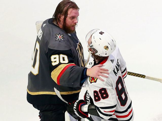 EDMONTON, ALBERTA - AUGUST 18: Robin Lehner #90 of the Vegas Golden Knights and Patrick Kane #88 of the Chicago Blackhawks shake hands after the Golden Knights victory in Game Five of the Western Conference First Round during the 2020 NHL Stanley Cup Playoffs at Rogers Place on August 18, 2020 in Edmonton, Alberta, Canada. The Golden Knights defeated the Blackhawks 3-2 to win the series 4-1.