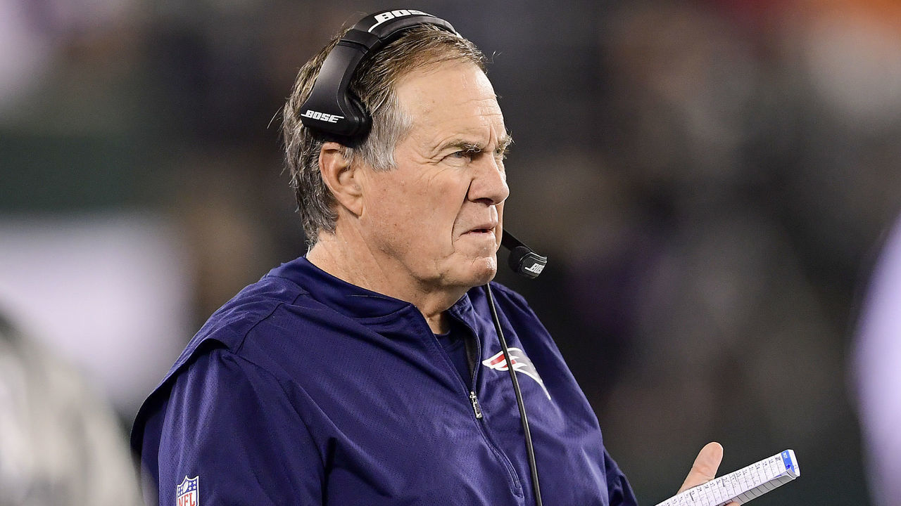 EAST RUTHERFORD, NEW JERSEY - OCTOBER 21: Head coach Bill Belichick of the New England Patriots looks on against the New York Jets during the second half at MetLife Stadium on October 21, 2019 in East Rutherford, New Jersey.