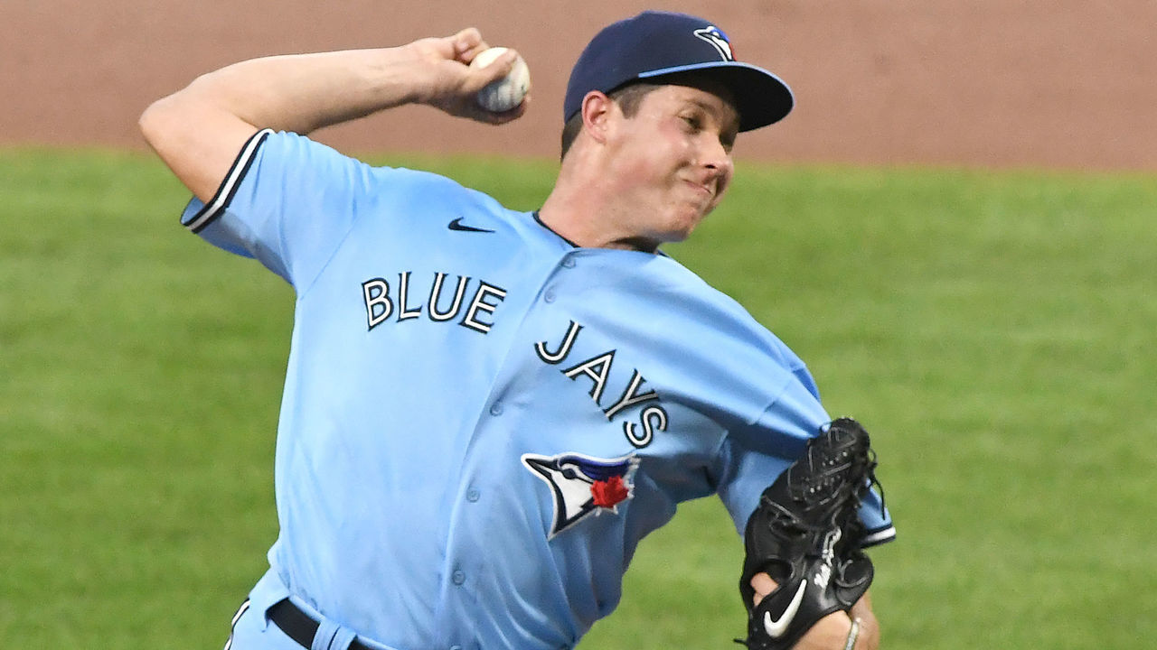 BALTIMORE, MD - AUGUST 18: Nate Pearson #24 of the Toronto Blue Jays pitches in the first inning during a baseball game against the Baltimore Orioles at Oriole Park at Camden Yards on August 18, 2020 in Baltimore, Maryland.