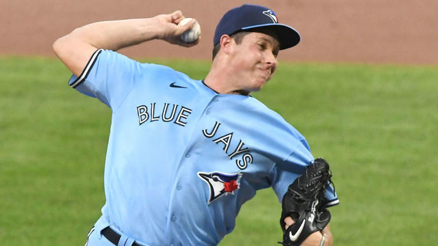 BALTIMORE, MD - AUGUST 18: Nate Pearson #24 of the Toronto Blue Jays pitches in the first inning during a baseball game against the Baltimore Orioles at Oriole Park at Camden Yards on August 18, 2020 in Baltimore, Maryland.