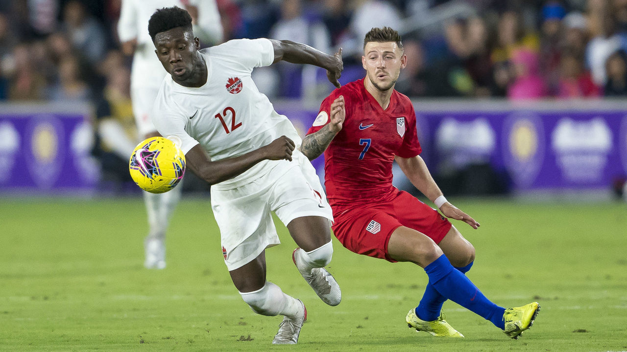ORLANDO, FL - NOVEMBER 15: Canada midfielder Alphonso Davies (12) takes possession of the ball during the CONCACAF Nations League soccer match between the Canada and United States on November 15, 2019 at Explorer Stadium in Orlando, FL.