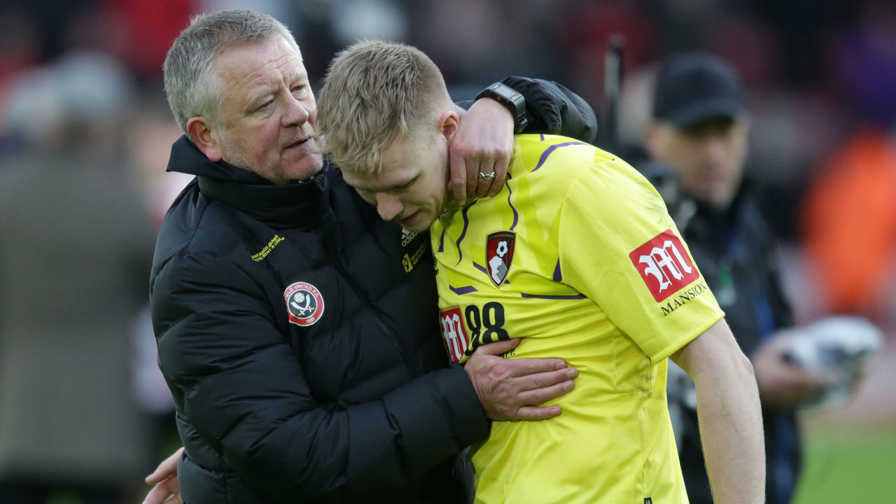 SHEFFIELD, ENGLAND - FEBRUARY 09: Chris Wilder of Sheffield United with former blade Aaron Ramsdale of Bournemouth after Utd's 2-1 win during the Premier League match between Sheffield United and AFC Bournemouth at Bramall Lane on February 09, 2020 in Sheffield, United Kingdom.