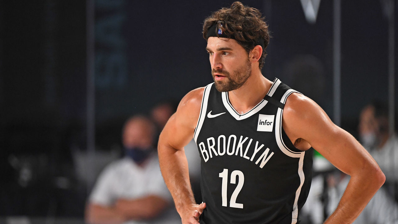 ORLANDO, FL - JULY 25: Joe Harris #12 of the Brooklyn Nets looks on during the game against the Brooklyn Nets on July 25, 2020 in Orlando, Florida at The Arena at ESPN Wide World of Sports. NOTE TO USER: User expressly acknowledges and agrees that, by downloading and/or using this photograph, user is consenting to the terms and conditions of the Getty Images License Agreement. Mandatory Copyright Notice: Copyright 2020 NBAE