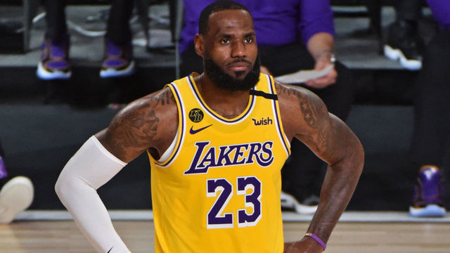 ORLANDO, FL - AUGUST 18: LeBron James #23 of the Los Angeles Lakers looks on against the Portland Trail Blazers during Round One, Game One of the NBA Playoffs on August 18, 2020 at the AdventHealth Arena at ESPN Wide World Of Sports Complex in Orlando, Florida. NOTE TO USER: User expressly acknowledges and agrees that, by downloading and/or using this Photograph, user is consenting to the terms and conditions of the Getty Images License Agreement. Mandatory Copyright Notice: Copyright 2020 NBAE