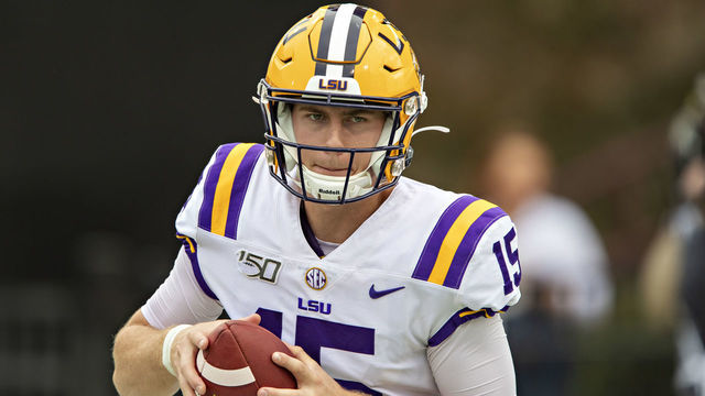 STARKVILLE, MS - OCTOBER 19: Myles Brennan #15 of the LSU Tigers warms up before a game against the Mississippi State Bulldogs at Davis Wade Stadium on October 19, 2019 in Starkville, Mississippi. The Tigers defeated the Bulldogs 36-13.