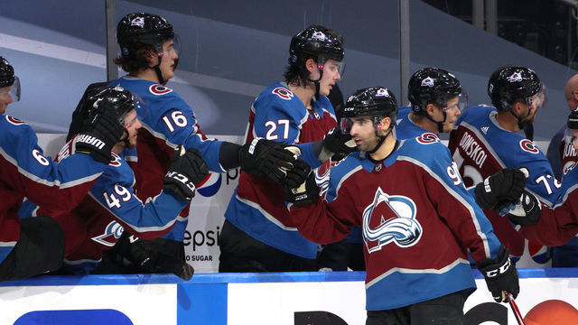 EDMONTON, ALBERTA - AUGUST 12: Nazem Kadri #91 of the Colorado Avalanche celebrates his goal with teammates during the third period of Game One of the Western Conference First Round of the 2020 NHL Stanley Cup Playoff against the Arizona Coyotes at Rogers Place on August 12, 2020 in Edmonton, Alberta.
