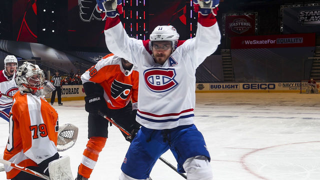 TORONTO, ONTARIO - AUGUST 19: Brendan Gallagher #11 of the Montreal Canadiens celebrates his goal against Carter Hart #79 of the Philadelphia Flyers during the second period in Game Five of the Eastern Conference First Round of the 2020 NHL Stanley Cup Playoff at Scotiabank Arena on August 19, 2020 in Toronto, Ontario.