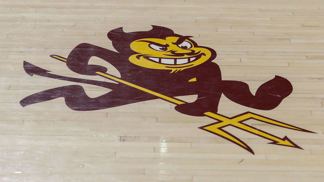 TEMPE, AZ - FEBRUARY 08: The Arizona State Sun Devils logo sparky on the court before the college basketball game between the USC Trojans and the Arizona State Sun Devils on February 8, 2020 at Desert Financial Arena in Tempe, Arizona.